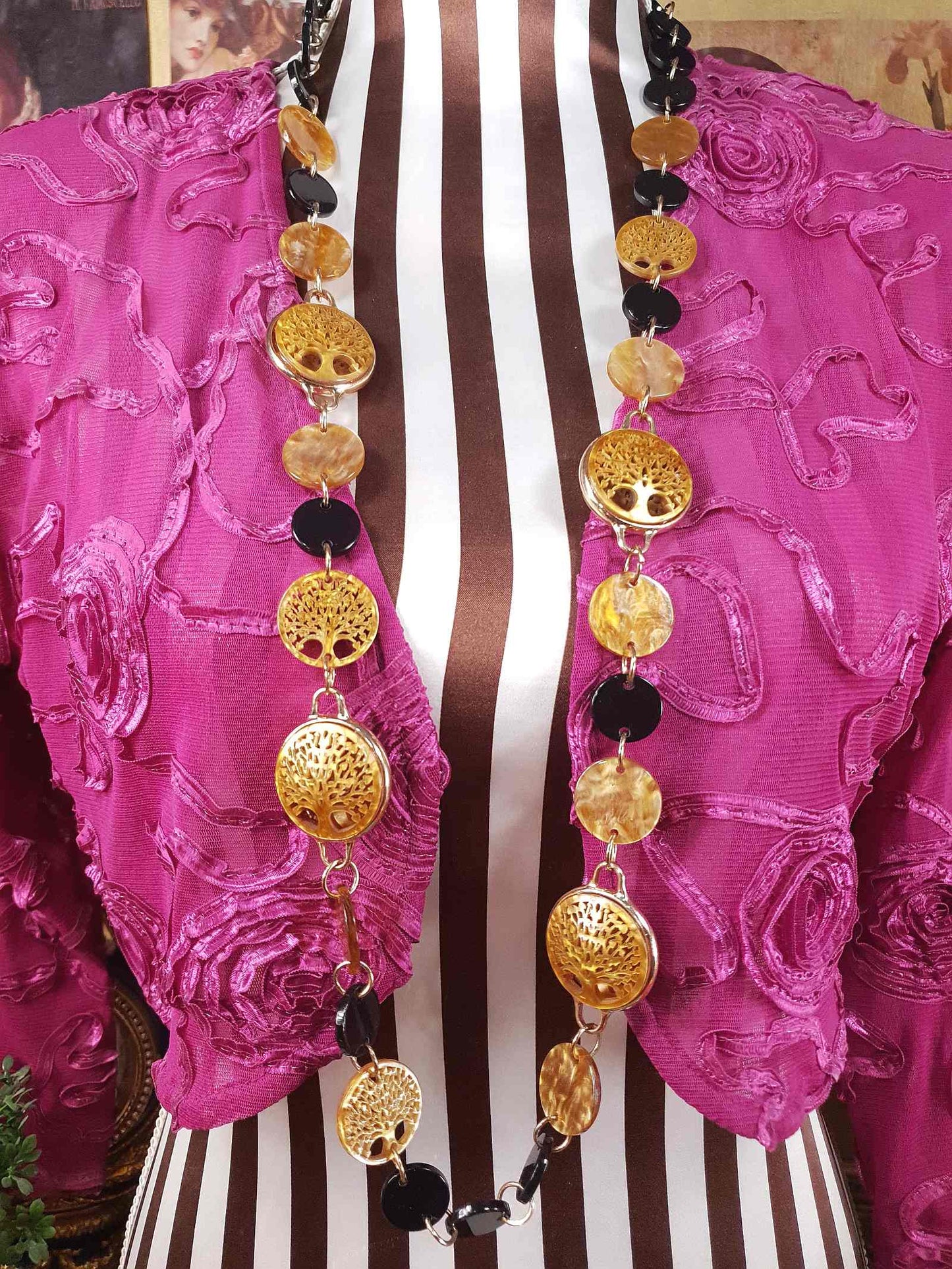 Vintage 1960s Carved Lucite Tree Of Life Necklace - Golden Marble & Black Boho