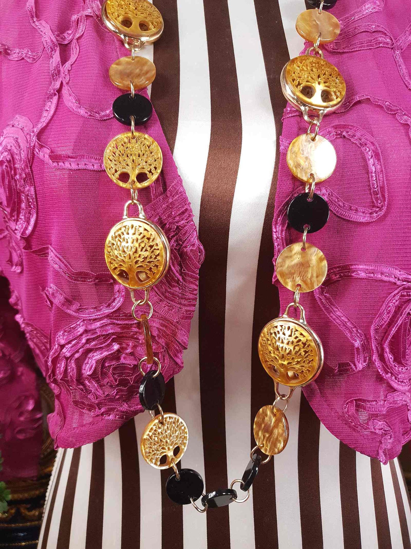 Vintage 1960s Carved Lucite Tree Of Life Necklace - Golden Marble & Black Boho