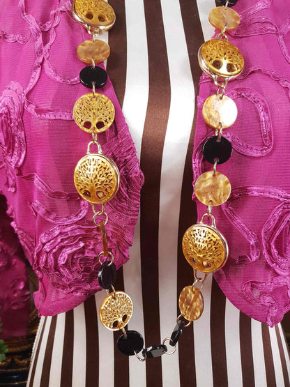 Vintage 1960s Carved Lucite Tree Of Life Necklace - Golden Marble & Black Boho