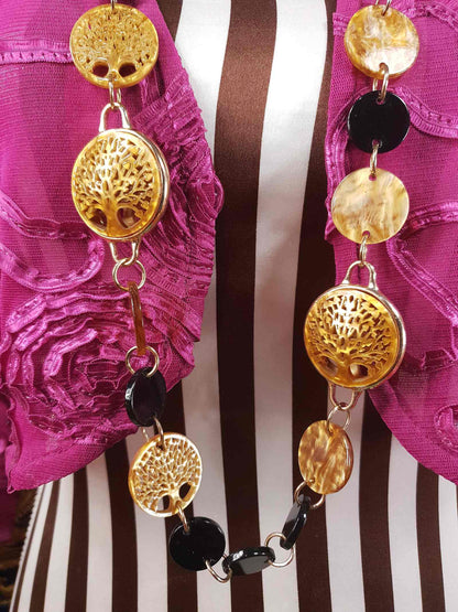 Vintage 1960s Carved Lucite Tree Of Life Necklace - Golden Marble & Black Boho