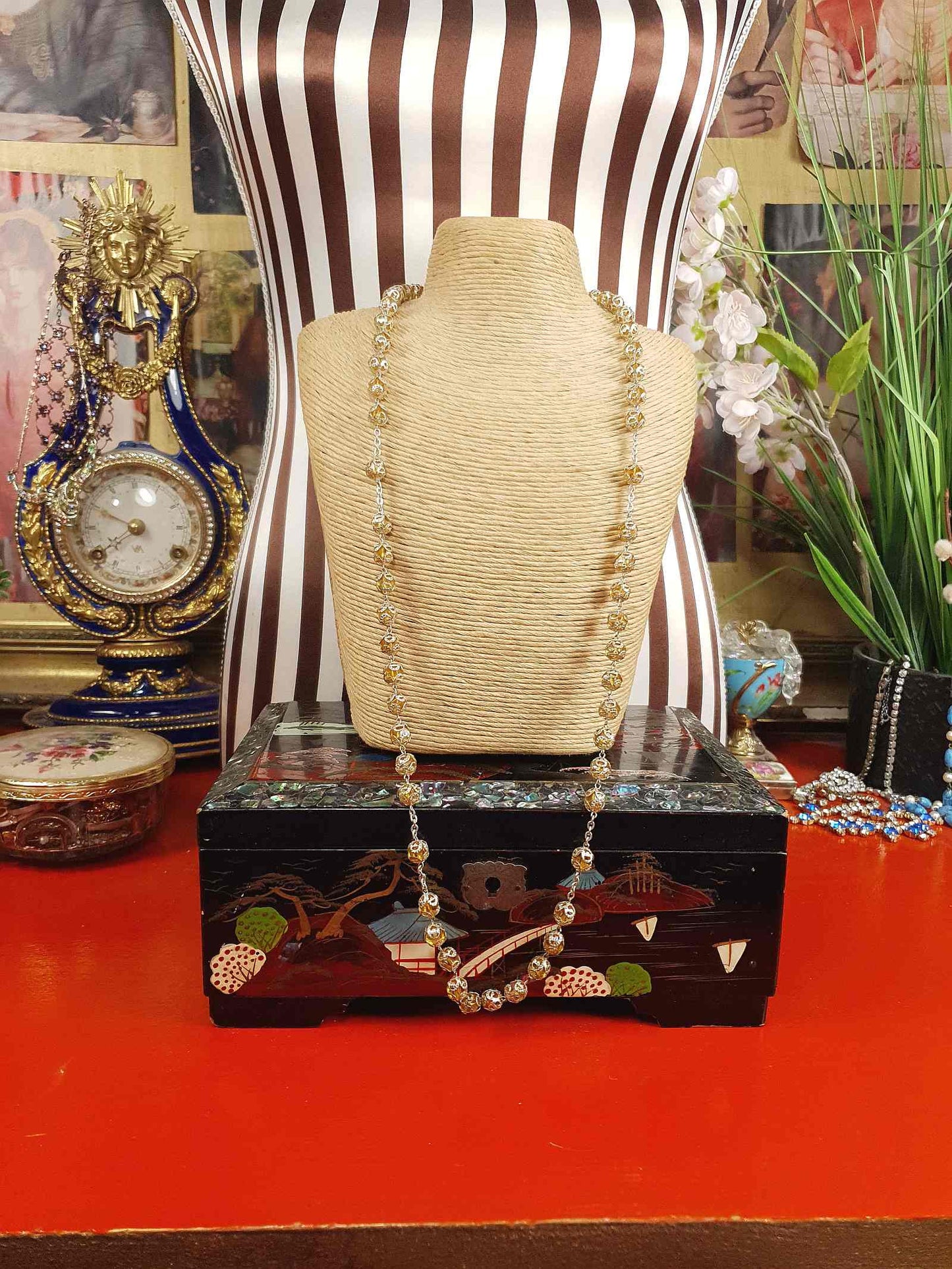 Vintage 1960s Czech Honey Glass Bead Filigree Necklace Bohemian