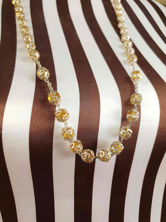 Vintage 1960s Czech Honey Glass Bead Filigree Necklace Bohemian