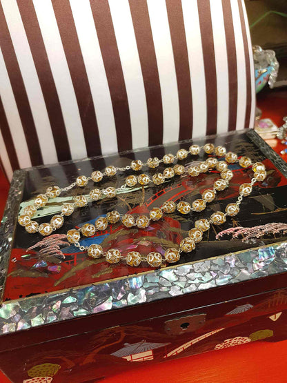 Vintage 1960s Czech Honey Glass Bead Filigree Necklace Bohemian