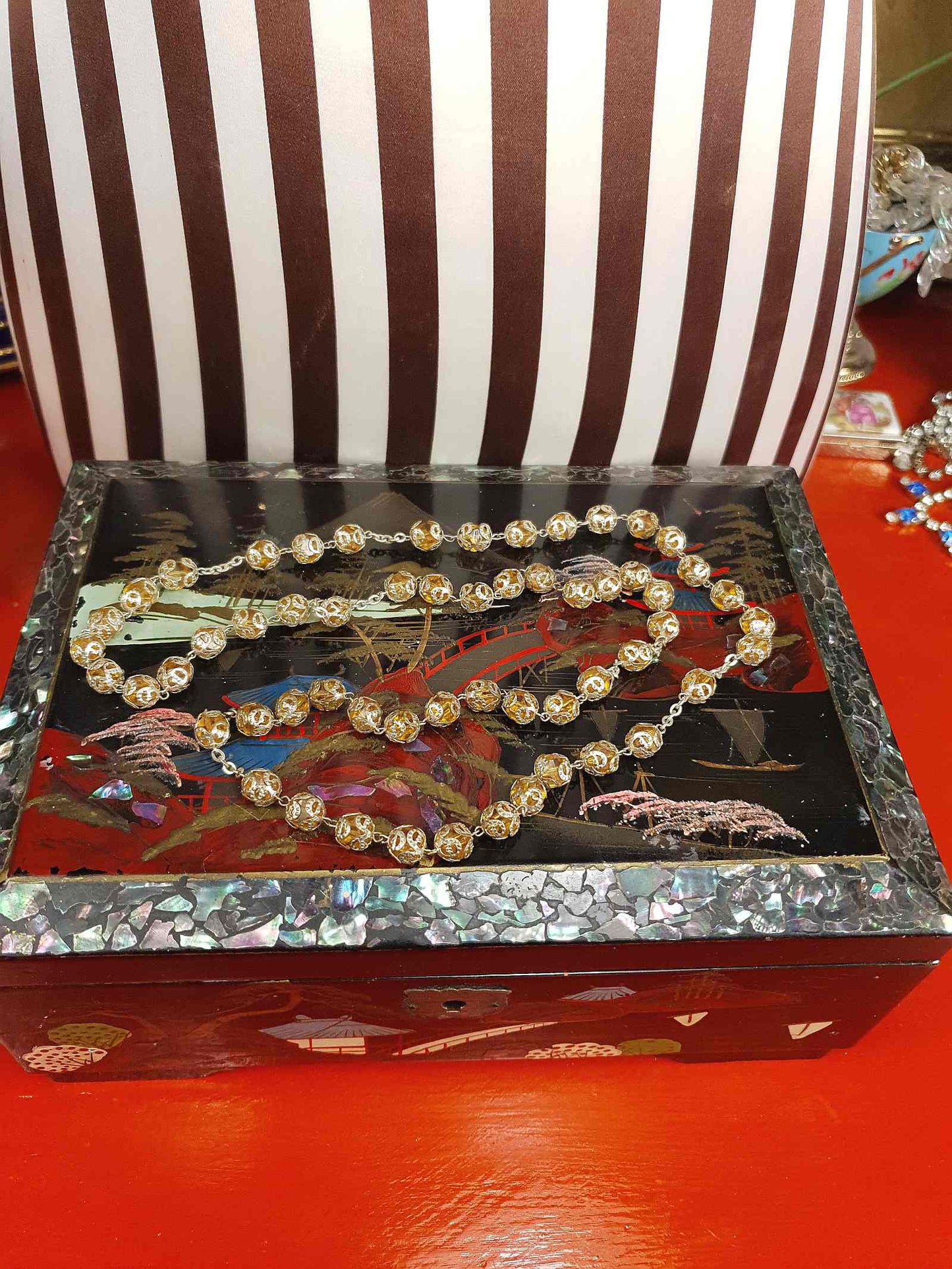 Vintage 1960s Czech Honey Glass Bead Filigree Necklace Bohemian