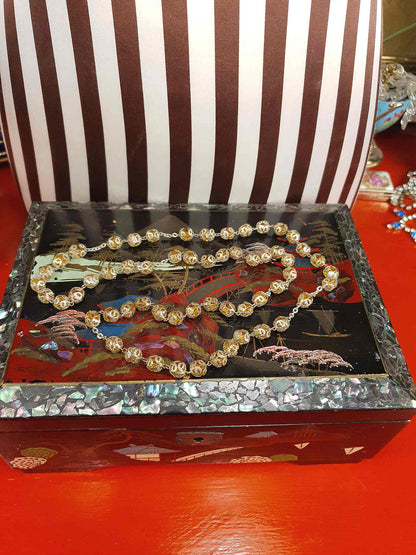 Vintage 1960s Czech Honey Glass Bead Filigree Necklace Bohemian