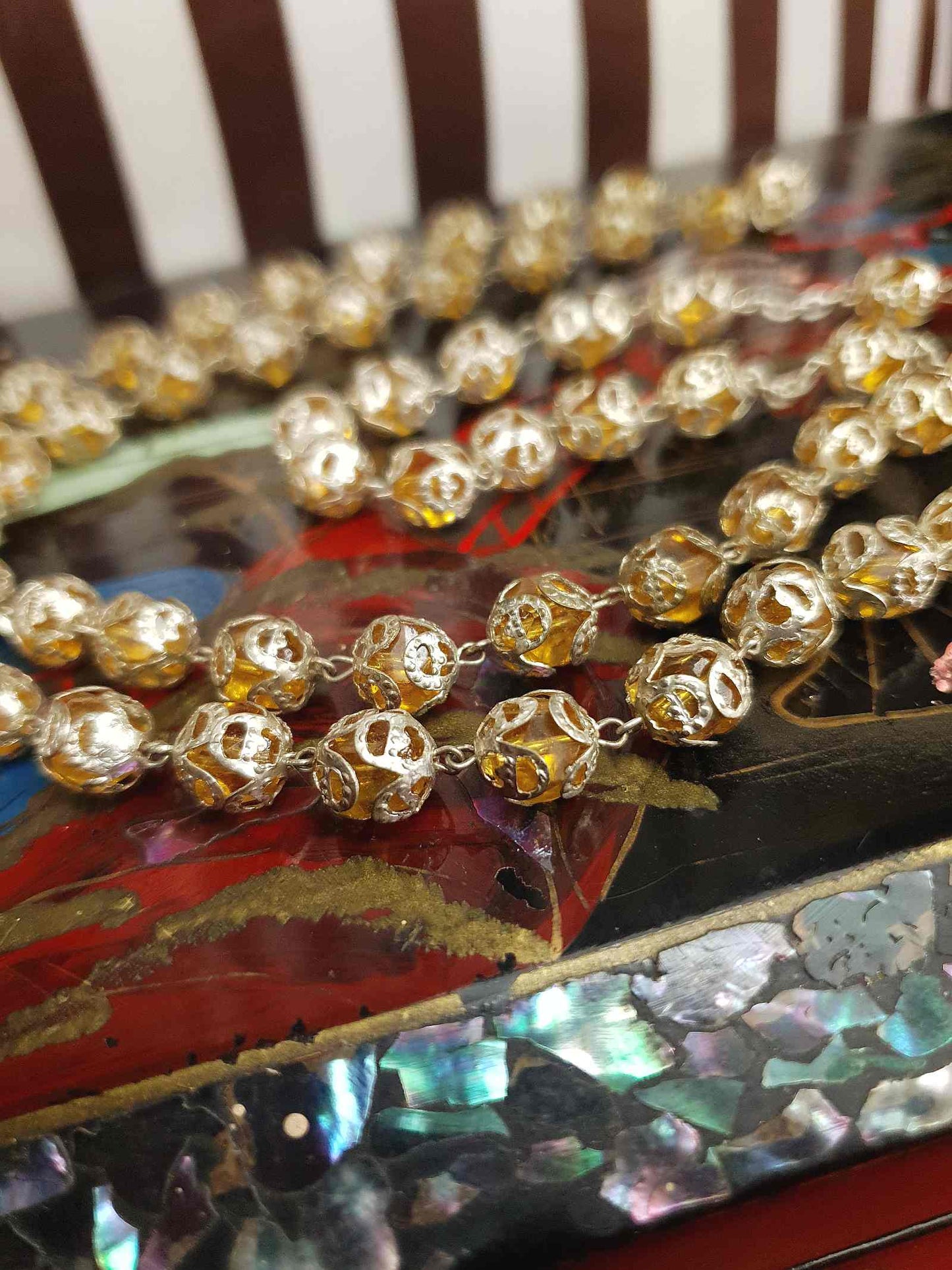 Vintage 1960s Czech Honey Glass Bead Filigree Necklace Bohemian