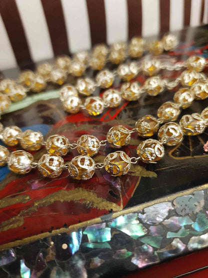 Vintage 1960s Czech Honey Glass Bead Filigree Necklace Bohemian