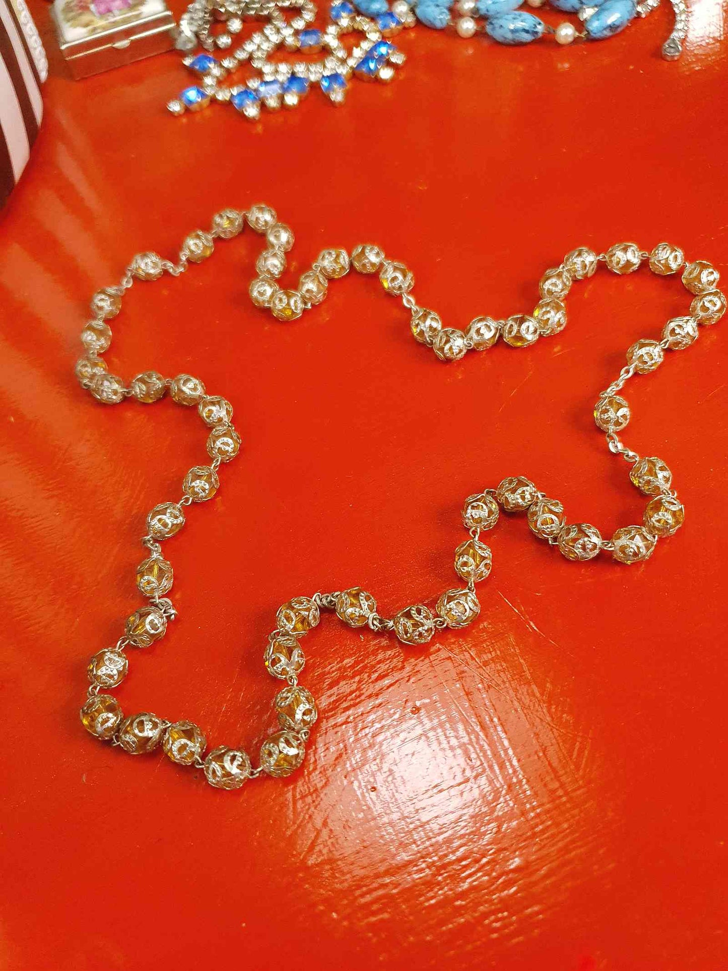 Vintage 1960s Czech Honey Glass Bead Filigree Necklace Bohemian