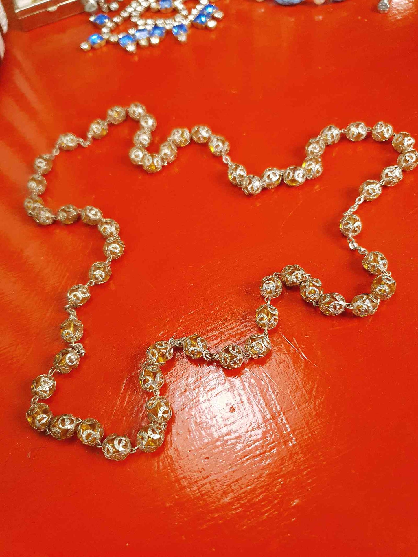 Vintage 1960s Czech Honey Glass Bead Filigree Necklace Bohemian