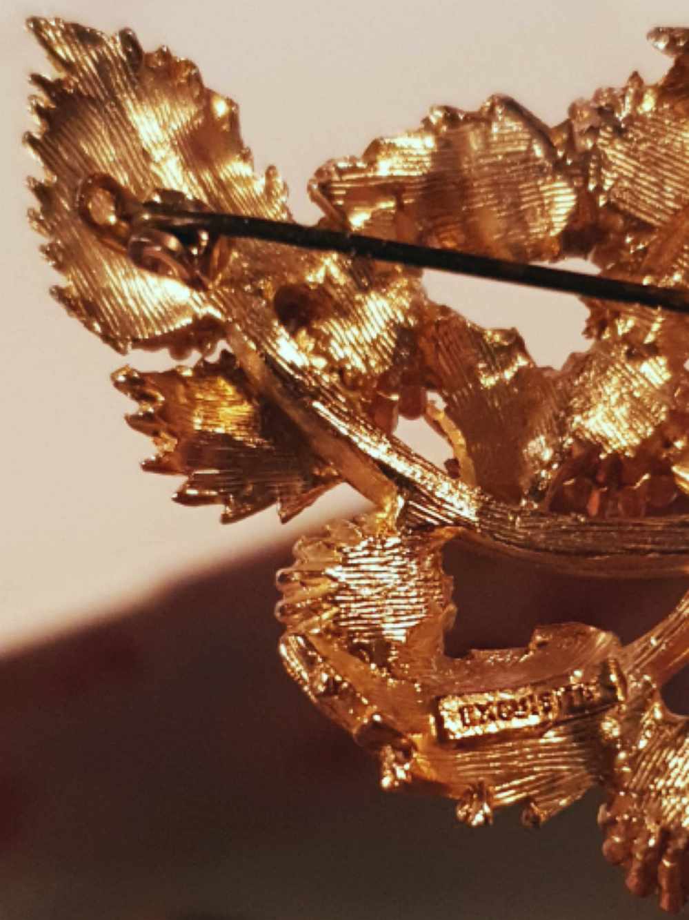 Vintage 1960s Red Rhinestone Pearl Leaf Brooch AB Aurora Borealis Gold-Tone