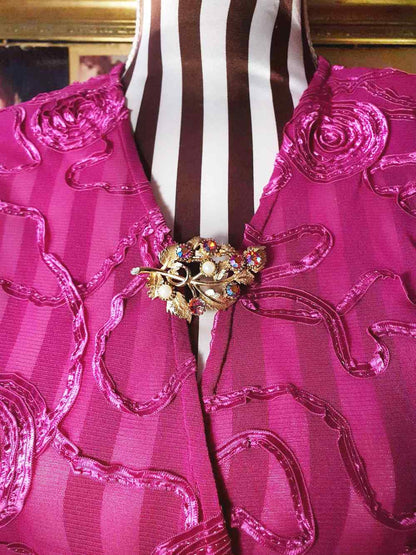 Vintage 1960s Red Rhinestone Pearl Leaf Brooch AB Aurora Borealis Gold-Tone