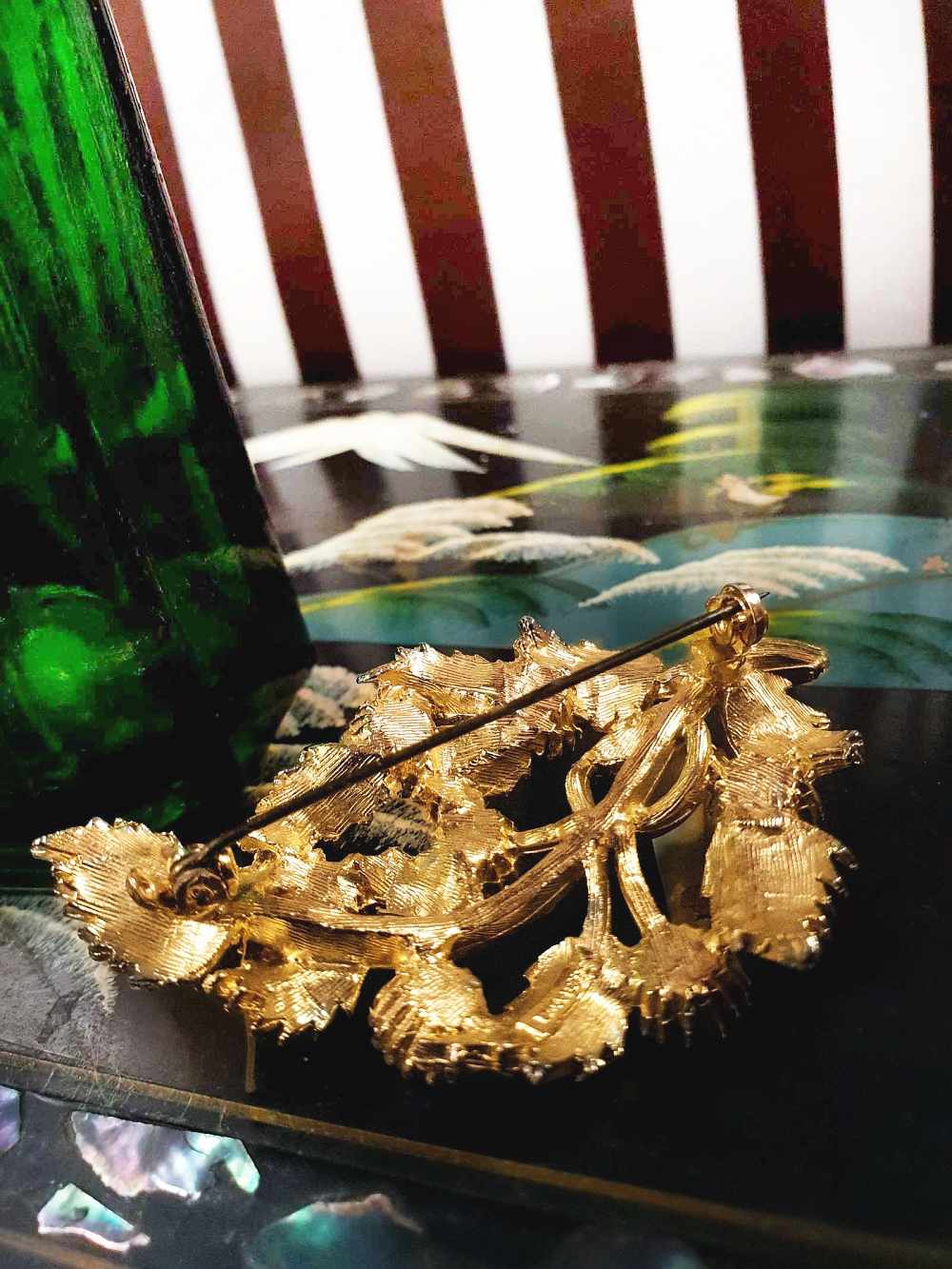 Vintage 1960s Red Rhinestone Pearl Leaf Brooch AB Aurora Borealis Gold-Tone