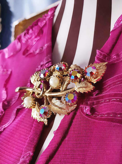 Vintage 1960s Red Rhinestone Pearl Leaf Brooch AB Aurora Borealis Gold-Tone