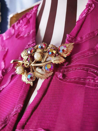 Vintage 1960s Red Rhinestone Pearl Leaf Brooch AB Aurora Borealis Gold-Tone