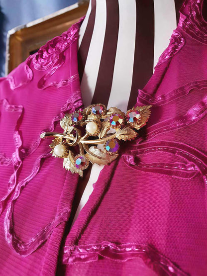 Vintage 1960s Red Rhinestone Pearl Leaf Brooch AB Aurora Borealis Gold-Tone