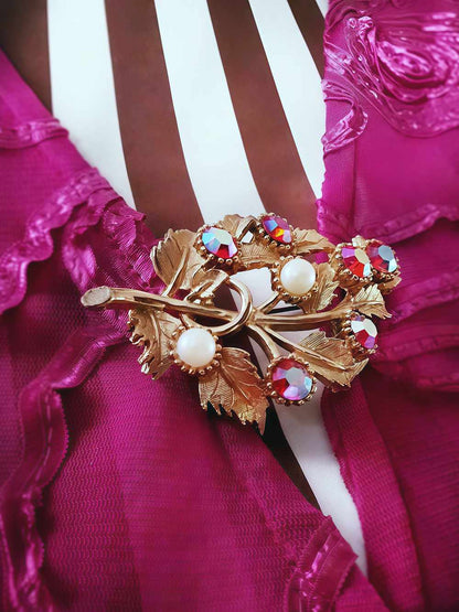 Vintage 1960s Red Rhinestone Pearl Leaf Brooch AB Aurora Borealis Gold-Tone