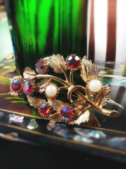 Vintage 1960s Red Rhinestone Pearl Leaf Brooch AB Aurora Borealis Gold-Tone