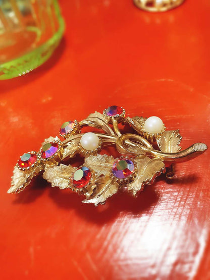 Vintage 1960s Red Rhinestone Pearl Leaf Brooch AB Aurora Borealis Gold-Tone