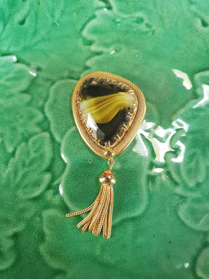 Vintage 1960s Green Spinx Art Glass Tassel Brooch