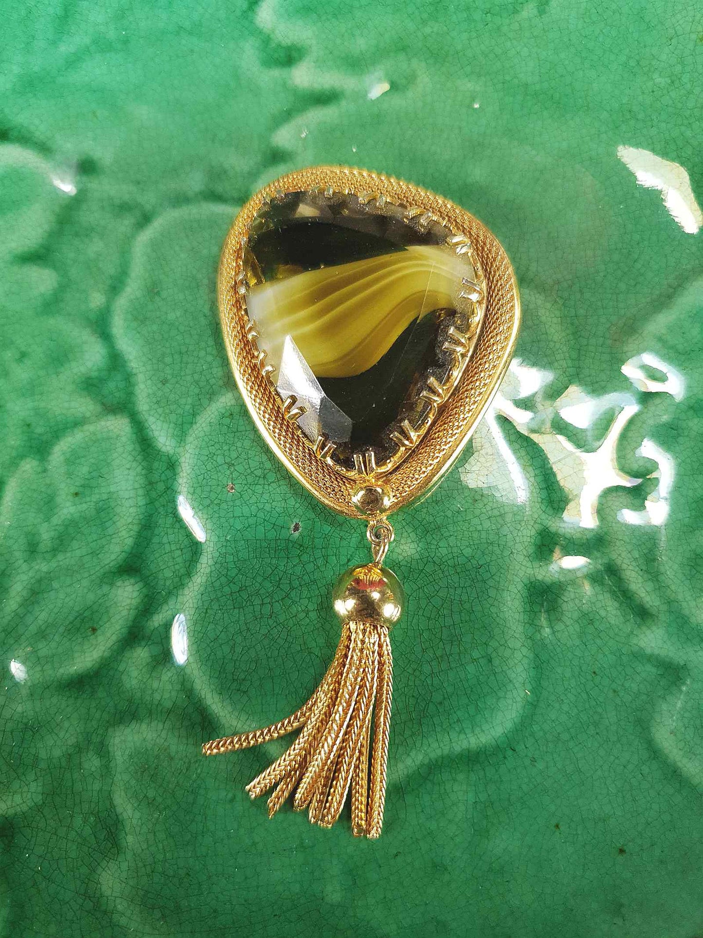 Vintage 1960s Green Spinx Art Glass Tassel Brooch