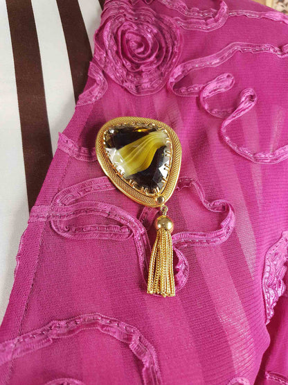 Vintage 1960s Green Spinx Art Glass Tassel Brooch