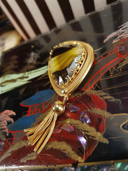 Vintage 1960s Green Spinx Art Glass Tassel Brooch