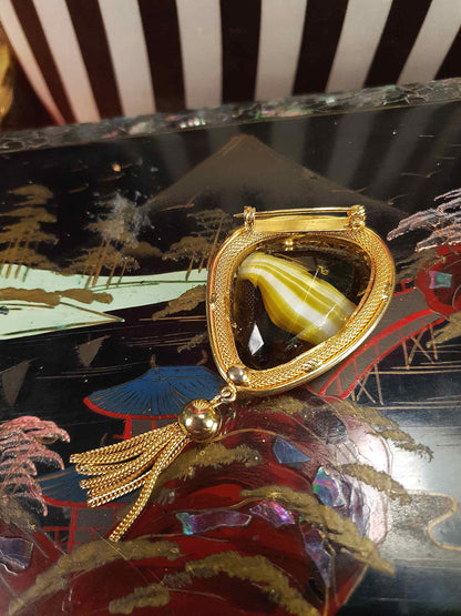 Vintage 1960s Green Spinx Art Glass Tassel Brooch