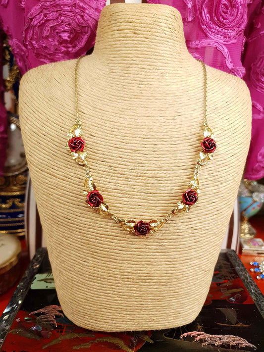Vintage 1970s Red Rose Necklace Choker Flower Floral Gold-Tone