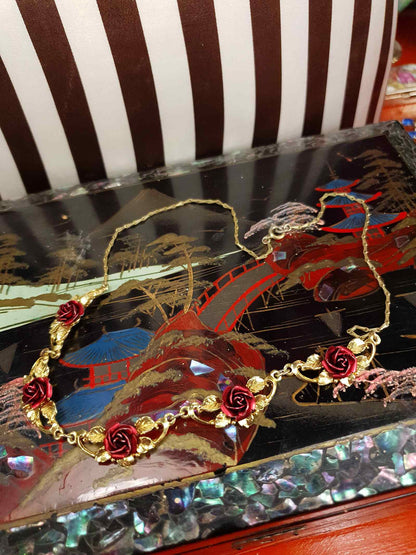 Vintage 1970s Red Rose Necklace Choker Flower Floral Gold-Tone