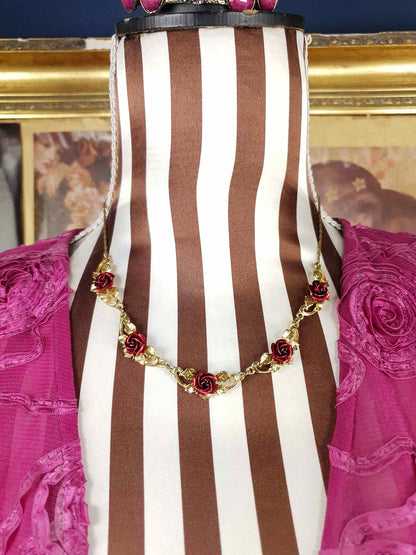 Vintage 1970s Red Rose Necklace Choker Flower Floral Gold-Tone