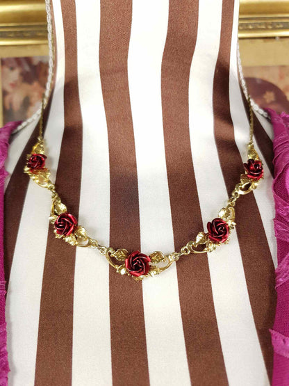Vintage 1970s Red Rose Necklace Choker Flower Floral Gold-Tone
