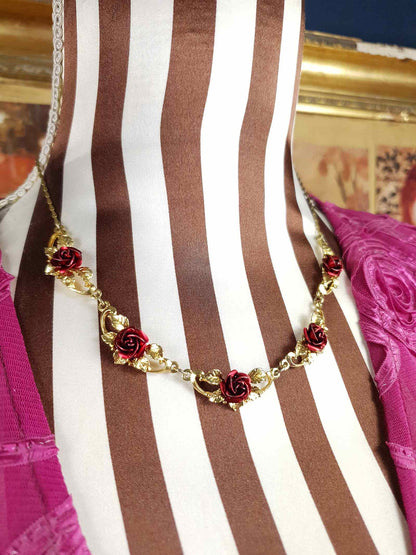 Vintage 1970s Red Rose Necklace Choker Flower Floral Gold-Tone