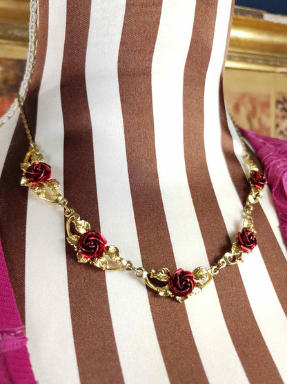 Vintage 1970s Red Rose Necklace Choker Flower Floral Gold-Tone