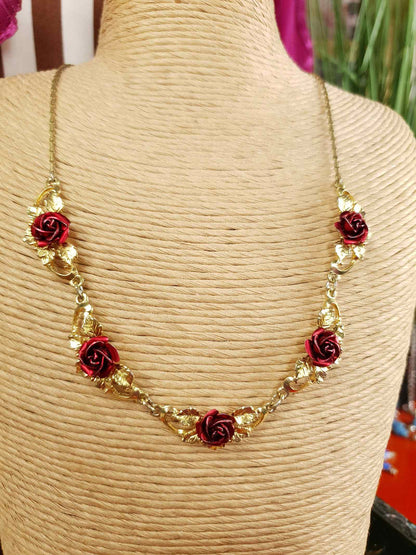 Vintage 1970s Red Rose Necklace Choker Flower Floral Gold-Tone
