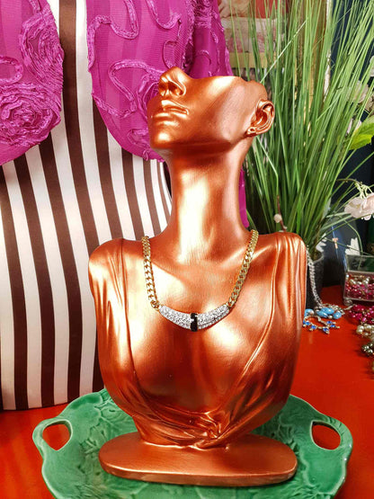 Vintage 1970s Rhinestone Curb Chain Necklace Choker Retro Gold-Tone