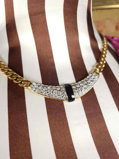 Vintage 1970s Rhinestone Curb Chain Necklace Choker Retro Gold-Tone