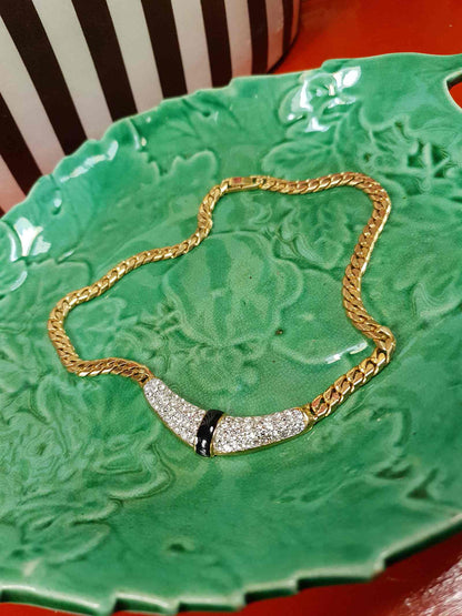 Vintage 1970s Rhinestone Curb Chain Necklace Choker Retro Gold-Tone