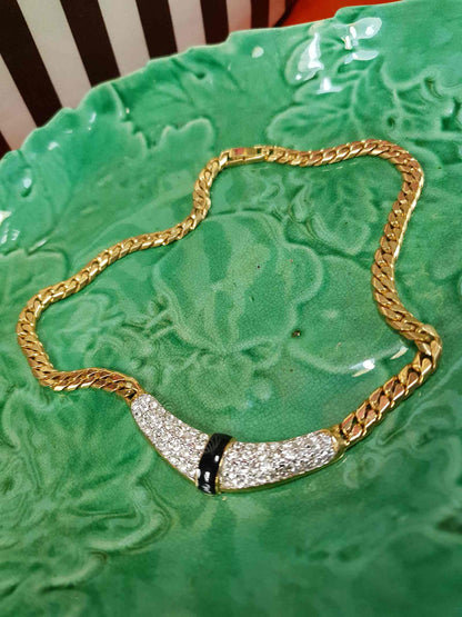 Vintage 1970s Rhinestone Curb Chain Necklace Choker Retro Gold-Tone