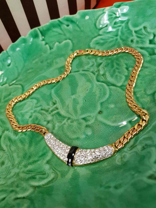 Vintage 1970s Rhinestone Curb Chain Necklace Choker Retro Gold-Tone