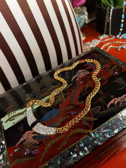 Vintage 1970s Rhinestone Curb Chain Necklace Choker Retro Gold-Tone