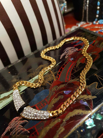 Vintage 1970s Rhinestone Curb Chain Necklace Choker Retro Gold-Tone
