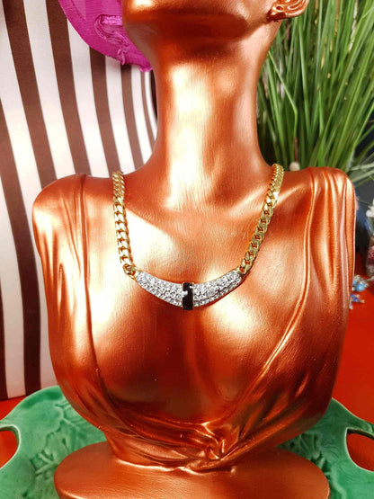 Vintage 1970s Rhinestone Curb Chain Necklace Choker Retro Gold-Tone