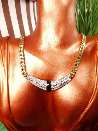 Vintage 1970s Rhinestone Curb Chain Necklace Choker Retro Gold-Tone