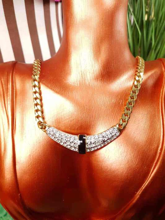 Vintage 1970s Rhinestone Curb Chain Necklace Choker Retro Gold-Tone
