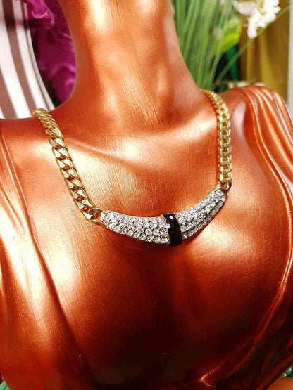 Vintage 1970s Rhinestone Curb Chain Necklace Choker Retro Gold-Tone
