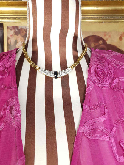 Vintage 1970s Rhinestone Curb Chain Necklace Choker Retro Gold-Tone