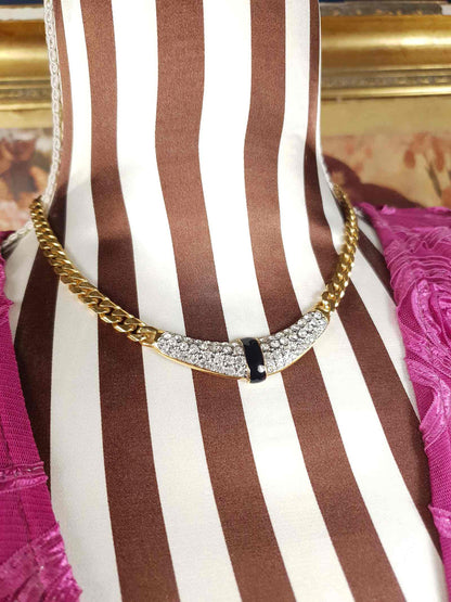 Vintage 1970s Rhinestone Curb Chain Necklace Choker Retro Gold-Tone