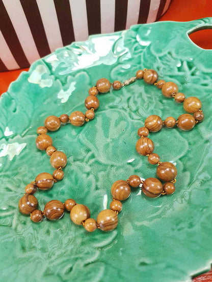 Vintage 1970s Chestnut Brown Wooden Bead Necklace Boho Retro