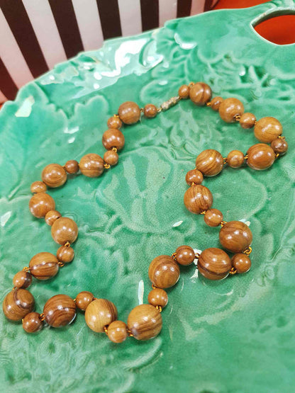 Vintage 1970s Chestnut Brown Wooden Bead Necklace Boho Retro