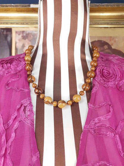Vintage 1970s Chestnut Brown Wooden Bead Necklace Boho Retro
